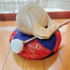【美品/値下げ可】　木魚　バチ付き　仏具　木製　彫刻入り　仏壇　　　
