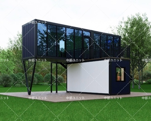 コンテナハウス、スーパーハウス、大型ユニットハウス、別荘、戸建て、オーダーメイド、トイレ風呂階段付き、ペアガラス張り、シャッタあり、倉