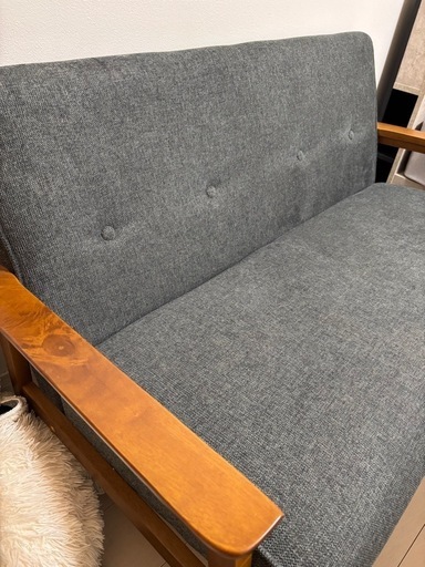 ブルーグレーソファー(新品)モダン、ミッドセンチュリー、ウッド