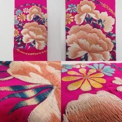 半幅帯 アンティーク 絹 日本刺繍 希少 花柄 ピンクｘベージュｘ青 仕立て上がり 長さ348cm 【キモノオフ野々市若松店】の画像