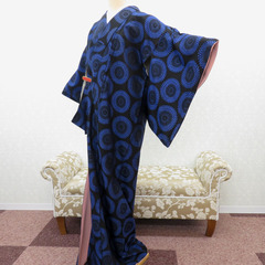 小紋 昔 アンティーク 昔着物 黒 青 銀 花 広衿 正絹 昔き...