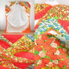 振袖 オレンジ色ｘ白色ｘ多色 ぼかし染め 紅葉に菊や竹文様 箔入り 刺繍入り 地紋入り 正絹 広衿 成人式 仕立て上がり 身丈172cm 【キモノオフ野々市若松店】の画像
