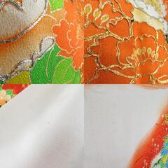 振袖 オレンジ色ｘ白色ｘ多色 ぼかし染め 紅葉に菊や竹文様 箔入り 刺繍入り 地紋入り 正絹 広衿 成人式 仕立て上がり 身丈172cm 【キモノオフ野々市若松店】の画像