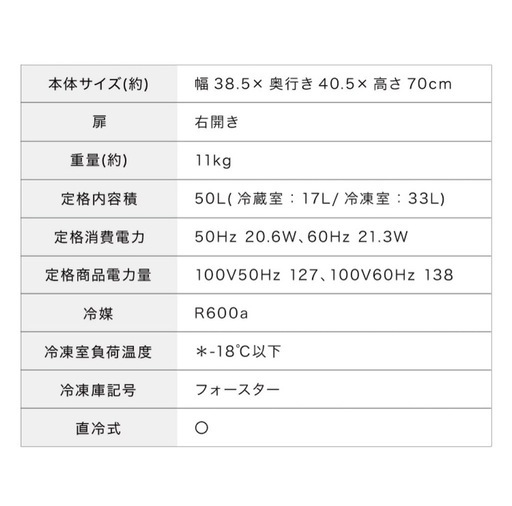 新品未使用保護フィルム付2ドア冷蔵庫50L