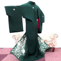 色留袖 両褄 昔 アンティーク 縮緬 昔着物 緑 白 茶 グレー 雪輪に木瓜紋 広衿 正絹 昔きもの レトロ 明治・大正ロマン  身丈146cm 【キモノオフ野々市若松店】の画像
