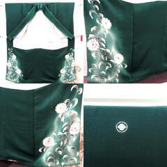 色留袖 両褄 昔 アンティーク 縮緬 昔着物 緑 白 茶 グレー 雪輪に木瓜紋 広衿 正絹 昔きもの レトロ 明治・大正ロマン  身丈146cm 【キモノオフ野々市若松店】の画像