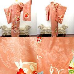 訪問着 昔 アンティーク 昔着物 ピンク 多色 花の丸 鳳凰 一部刺繍 地模様あり 広衿 正絹 昔きもの レトロ 明治・大正ロマン  身丈151.3cm 【キモノオフ野々市若松店】の画像