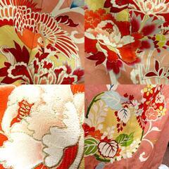 訪問着 昔 アンティーク 昔着物 ピンク 多色 花の丸 鳳凰 一部刺繍 地模様あり 広衿 正絹 昔きもの レトロ 明治・大正ロマン  身丈151.3cm 【キモノオフ野々市若松店】の画像