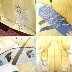 昔 夏着物 アンティーク 渋マスタード 銀 多色 金コマ刺繍 千鳥 花 釣具 昔着物  広衿 正絹 レトロ 明治・大正ロマン  身丈149.7cm 【キモノオフ野々市若松店】の画像