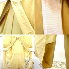 昔 夏着物 アンティーク 渋マスタード 銀 多色 金コマ刺繍 千鳥 花 釣具 昔着物  広衿 正絹 レトロ 明治・大正ロマン  身丈149.7cm 【キモノオフ野々市若松店】の画像