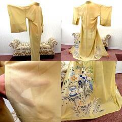 昔 夏着物 アンティーク 渋マスタード 銀 多色 金コマ刺繍 千鳥 花 釣具 昔着物  広衿 正絹 レトロ 明治・大正ロマン  身丈149.7cm 【キモノオフ野々市若松店】の画像