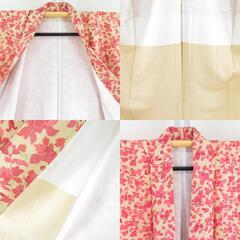 小紋 黄色ｘ赤ｘ赤ピンク色 草花模様 正絹 袷 バチ衿 仕立て上がり着物 身丈159cm 【キモノオフ野々市若松店】の画像