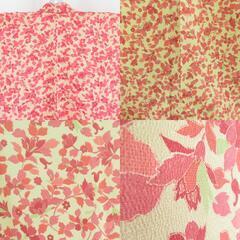 小紋 黄色ｘ赤ｘ赤ピンク色 草花模様 正絹 袷 バチ衿 仕立て上がり着物 身丈159cm 【キモノオフ野々市若松店】の画像