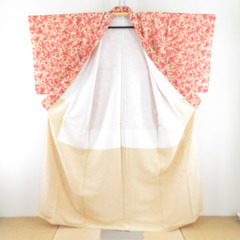 小紋 黄色ｘ赤ｘ赤ピンク色 草花模様 正絹 袷 バチ衿 仕立て上がり着物 身丈159cm 【キモノオフ野々市若松店】の画像