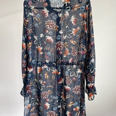 ZARA BASIC ネイビー フローラル 長袖 シャツワンピース ザラ花柄 M・ザラベーシック・目立った傷や汚れなしの画像