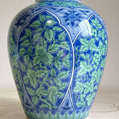 前畑陶器　庫山窯　美濃焼　青華緑彩　花瓶　花器　飾り壺　色絵　染付　花柄　フラワーベースの画像