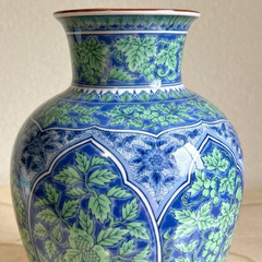 前畑陶器　庫山窯　美濃焼　青華緑彩　花瓶　花器　飾り壺　色絵　染付　花柄　フラワーベースの画像