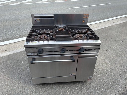 ■中古品 タニコー オーブン付きガスコンロ TSGR-0921 2017年 LPガス ３口ガスコンロ 900ｘ600ｘ800ｍｍ 動作問題なし■