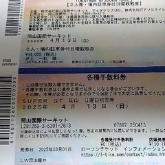SUPER GT 4月13日(日) 岡山国際サーキット 2人観戦券＋駐車