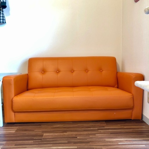 受付終了/オレンジ色 レザー風2人掛けソファー 2024 レトロ とガラス