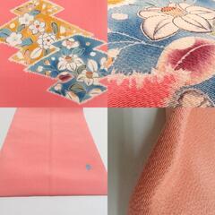 名古屋帯 正絹 辻が花 縮緬 作家物 落款入り サーモンピンクｘ黄色ｘ青色 花模様 お太鼓柄 カジュアル 仕立て上がり 着物帯 長さ370cm 【キモノオフ野々市若松店】の画像