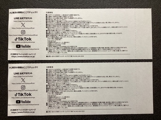 2025年4月11日、FFC東京と柏レイソルの試合チケット（２枚）国立競技場