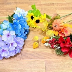 未使用★造花セット4種類7本 紫陽花、ひまわり、ポインセチアなど