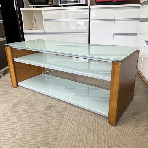 【超美品‼️】定価46,200円♪ エレコム 120cm幅ローボード テレビ台 リビング収納家具 ホワイトシルク加工強化ガラス 天然木