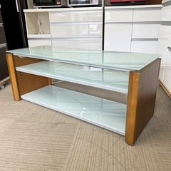 【超美品‼️】定価46,200円♪ エレコム 120cm幅ローボード テレビ台 リビング収納家具 ホワイトシルク加工強化ガラス 天然木製サイドパネル♪の画像