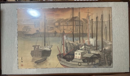 絵画④「漁船」 ミャンマー 有名画家 Soe Aung 漁船と夕日 絵画