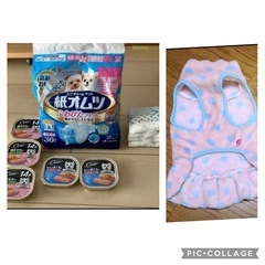 未開封ドッグフードと開封済み紙おむつ洋服