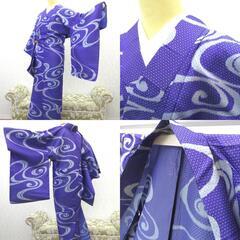 小紋 単衣 アンティーク 昔着物 小紋 青 水色 薄水色 縞 観世水 バチ衿 正絹 昔きもの レトロ 大正ロマン 難あり 身丈149.55cm 難あり 【キモノオフ野々市若松店】の画像