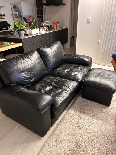 本革2人掛けソファ+スツール付き