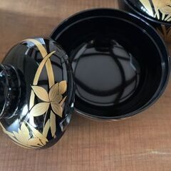 会津塗　木製 吸物椀 黒漆塗/金銀 磨蒔絵 ５客の画像
