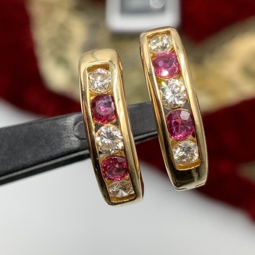 K18 ダイヤ　ルビー　フープピアス　4.8g