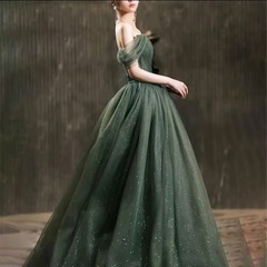 LL ぽっちゃり花嫁◎ アナ風 モスグリーン シフォンラメ カラードレスの画像