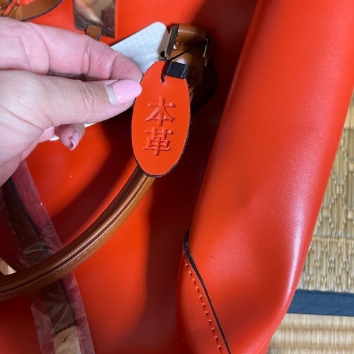 本革　オレンジ　トートバッグ