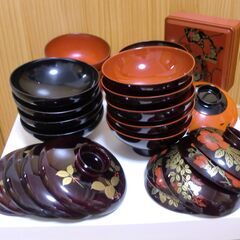 高級漆器　蓋付椀　20セット以上（内未使用箱入5セット×２含、他使用少）　重箱おまけ　お店などでいかがでしょうかの画像