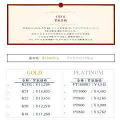 大黒屋仙台パルコ店 4/8　本日の貴金属の買取金額