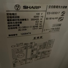 SHARP ES-GE6D 2019年製　全自動洗濯機　2-1141の画像
