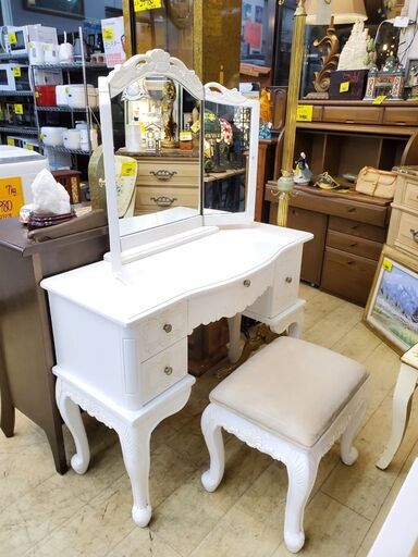 アンティーク家具 猫脚 三面鏡ドレッサー スツール付き 引出し4個 彫刻