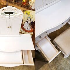 アンティーク家具 猫脚 三面鏡ドレッサー スツール付き 引出し4個 彫刻