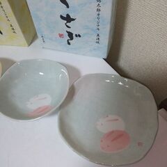 新品未使用③片岡鶴太郎２個セット美濃焼き　雪椿とうさぎ　皿　小鉢　４枚セットの画像