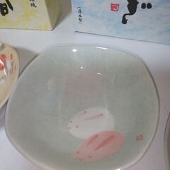 新品未使用③片岡鶴太郎２個セット美濃焼き　雪椿とうさぎ　皿　小鉢　４枚セットの画像