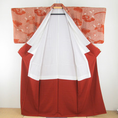 小紋 青海波に風景模様 茶色ｘベージュ色 袷 広衿 正絹 仕立て上がり着物 身丈159cm 【キモノオフ野々市若松店】の画像