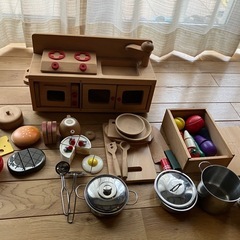 中古 木製 おままごと ミニキッチン 卓上 食べ物 鍋 セット  の画像