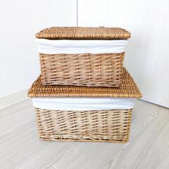 フタ付き収納バスケット 2個セット ラタン風 