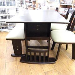 ダイニングセット 関家具 4人掛け バタフライテーブル 収納付き 回転イス×２ ベンチ×1 札幌市厚別区 厚別店の画像