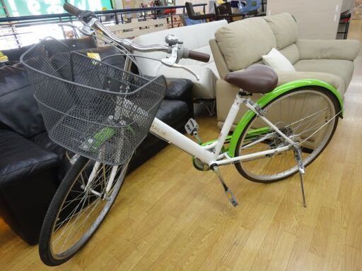 26インチ 自転車 6段変速 カゴ・ライトあり 黄緑×白 シティーサイクル ママチャリ シンプル サイクル 西岡店