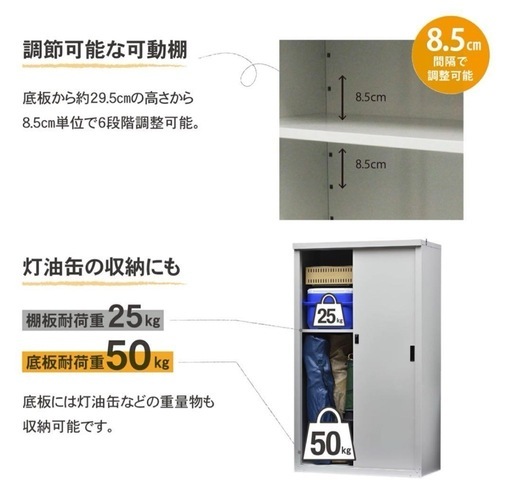 【新品未使用】収納庫 屋外物置き 鍵付きスチール日本製 棚板可動棚グリーンライフ